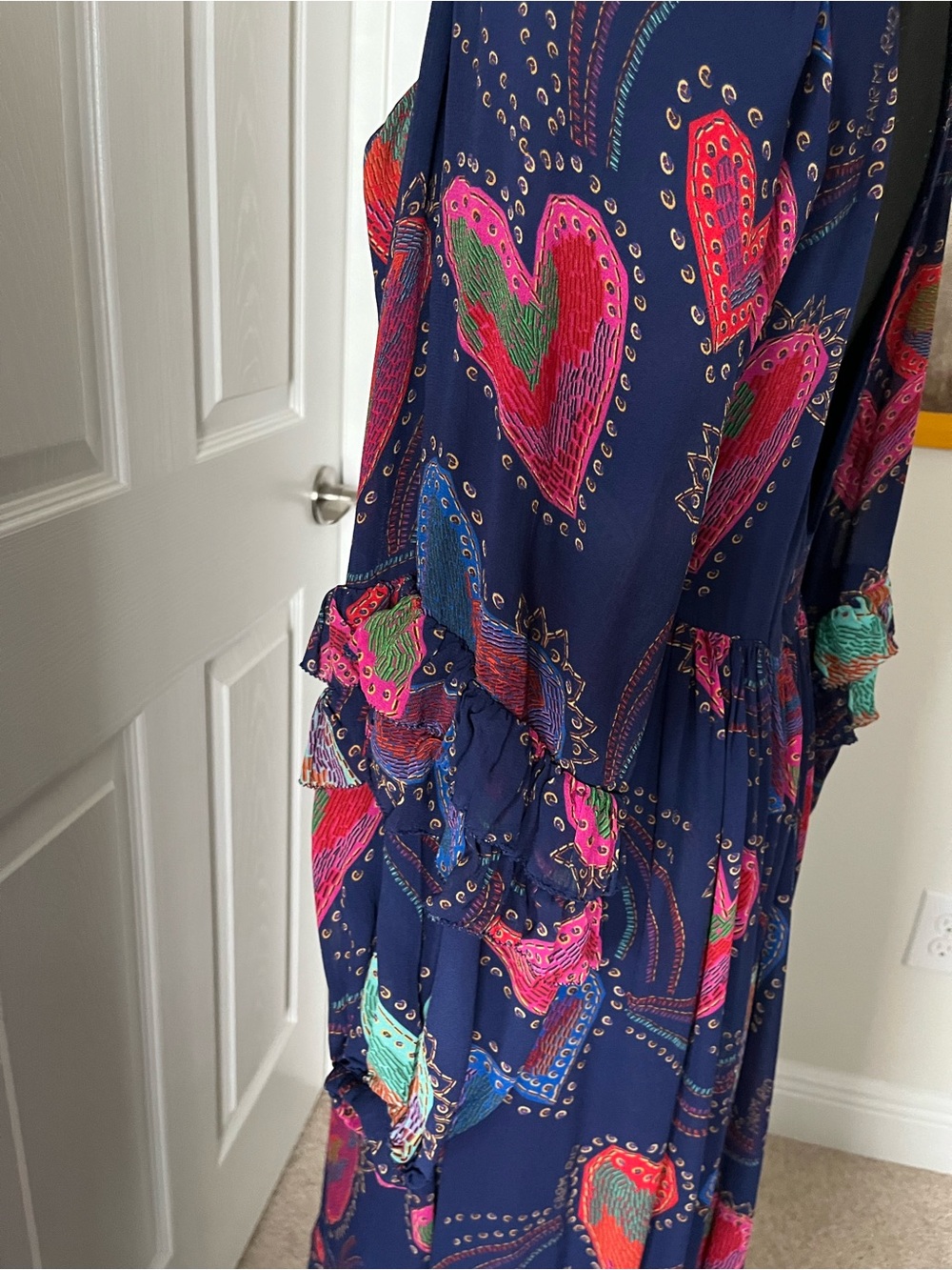FARM Rio Shiny Hearts Ruffle Maxi Dress in Navy – Size M (Open Back) - Picture 6 of 7